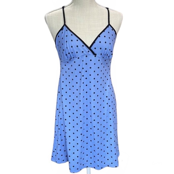 Apt.9 size small blue mini slip dress black polka dots sleeveless lace on back - Picture 3 of 12
